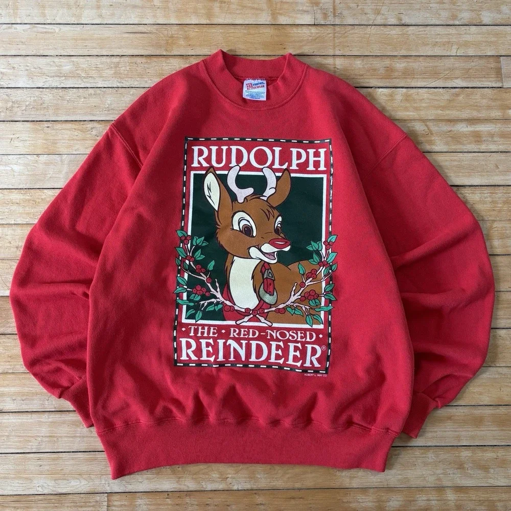 VTG 80s Rudolph Red-Nosed Reindeer Christmas Crewneck Sweatshirt Size L USA